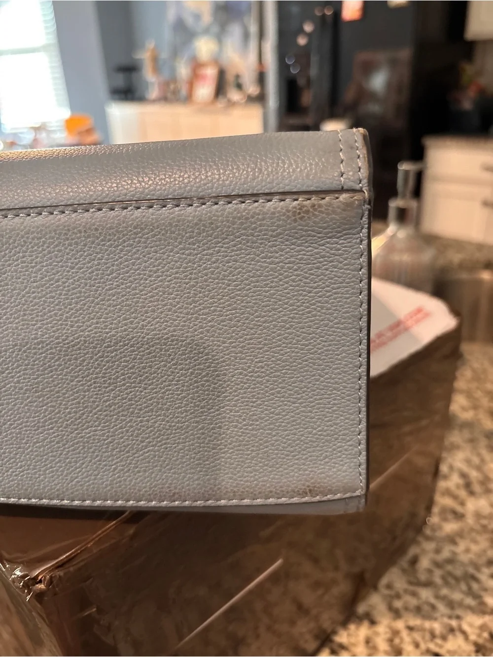 Kate Spade Rowe Dusty Blue Medium Top Zip Pebble Leather Satchel Purse Bag